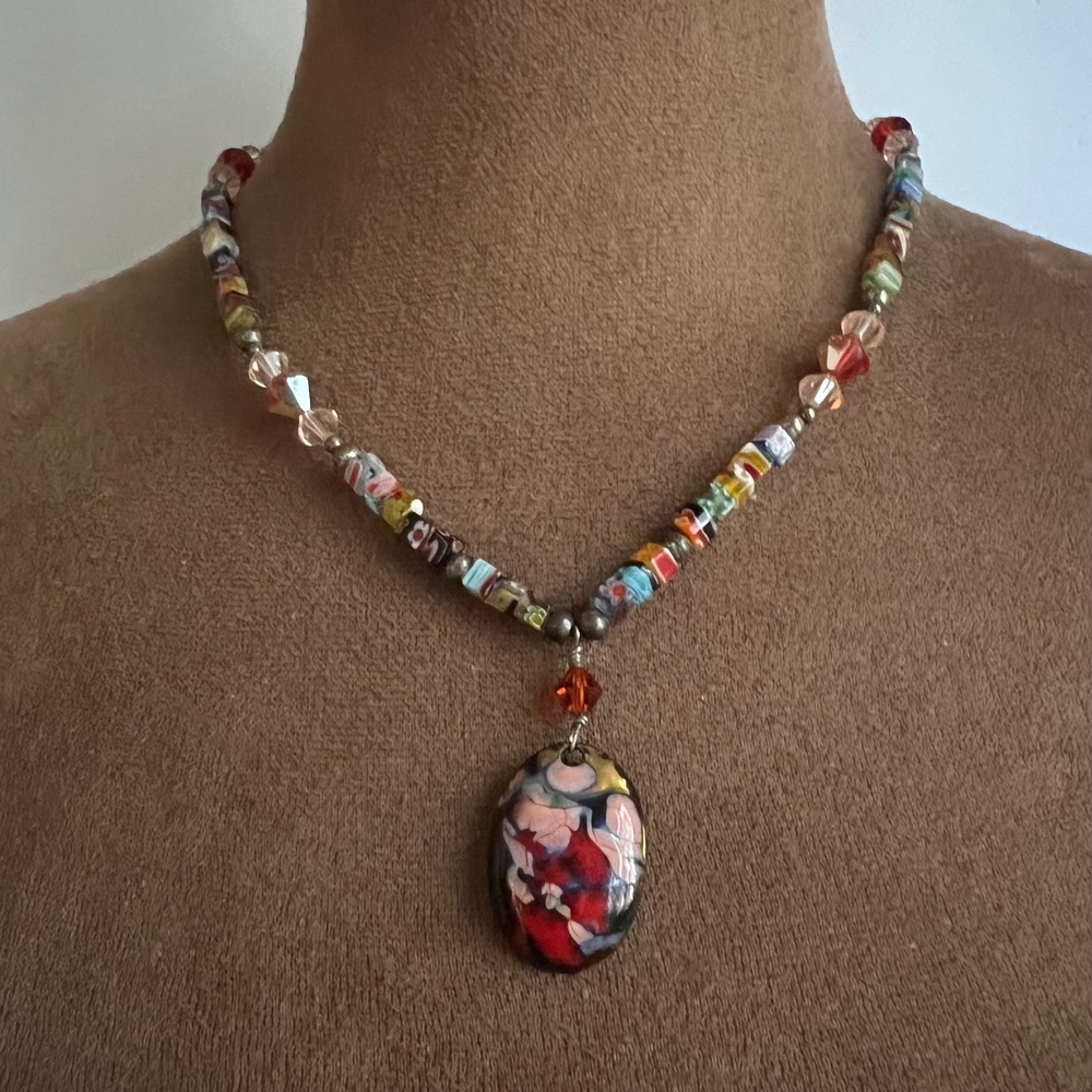 Vtg Millefiori Glass Beaded Pendant Necklace 17" Sterling Silver Clasp